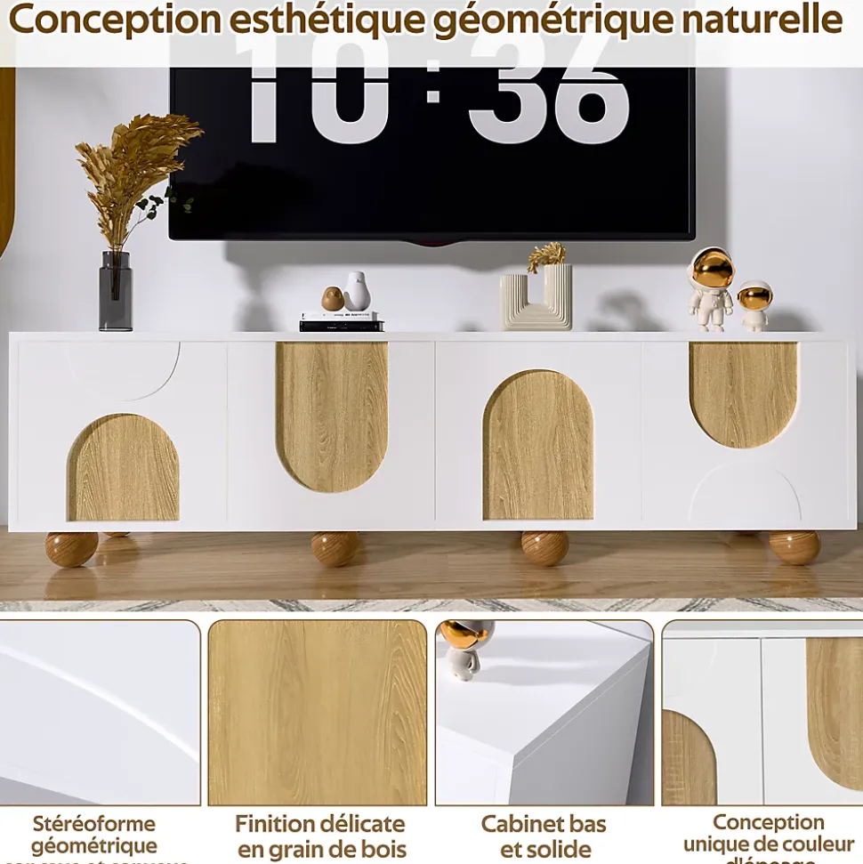 Meuble TV Bas Moderne - 4 Portes et Rangement avec Pieds en Bois - MDF + PB - 175x38x50 cm - Naturel/Blanc