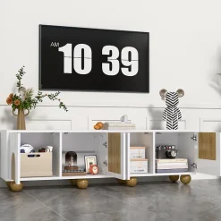 Meuble TV Bas Moderne - 4 Portes et Rangement avec Pieds en Bois - MDF + PB - 175x38x50 cm - Naturel/Blanc
