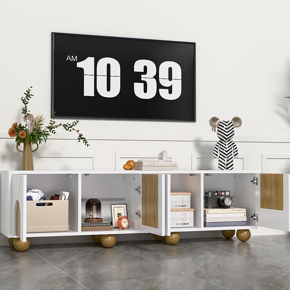 Meuble TV Bas Moderne - 4 Portes et Rangement avec Pieds en Bois - MDF + PB - 175x38x50 cm - Naturel/Blanc
