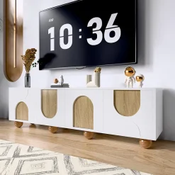 Meuble TV Bas Moderne - 4 Portes et Rangement avec Pieds en Bois - MDF + PB - 175x38x50 cm - Naturel/Blanc