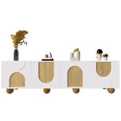 Meuble TV Bas Moderne - 4 Portes et Rangement avec Pieds en Bois - MDF + PB - 175x38x50 cm - Naturel/Blanc