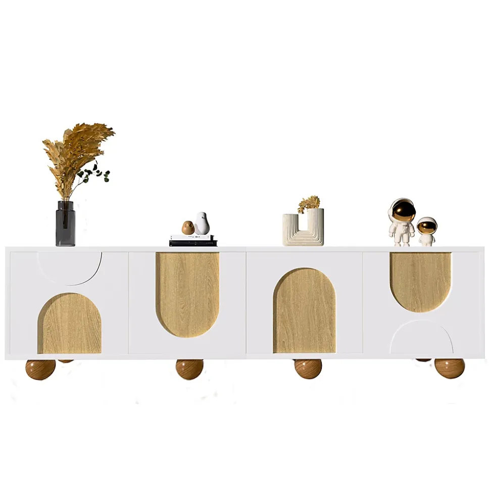 Meuble TV Bas Moderne - 4 Portes et Rangement avec Pieds en Bois - MDF + PB - 175x38x50 cm - Naturel/Blanc