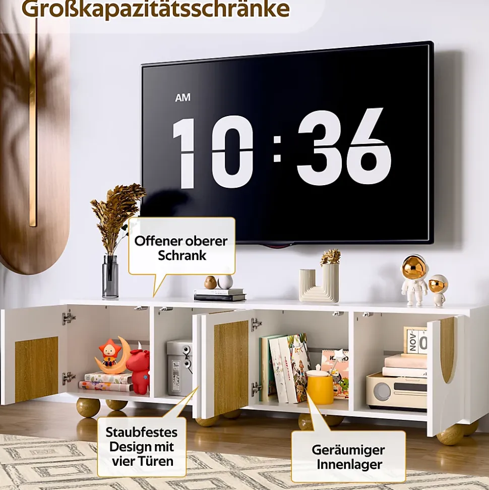Meuble TV Bas Moderne - 4 Portes et Rangement avec Pieds en Bois - MDF + PB - 175x38x50 cm - Naturel/Blanc