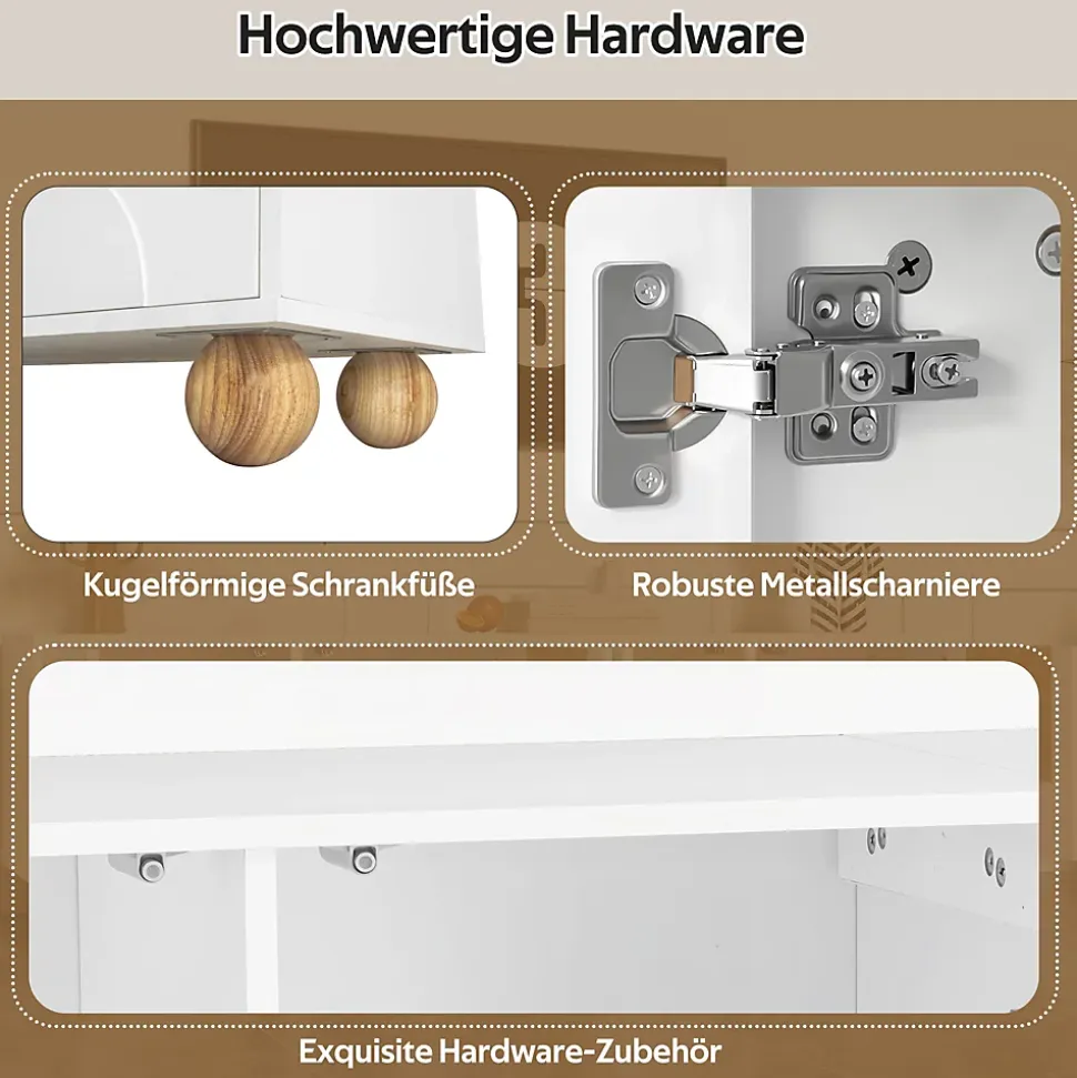 Meuble TV Bas Moderne - 4 Portes et Rangement avec Pieds en Bois - MDF + PB - 175x38x50 cm - Naturel/Blanc