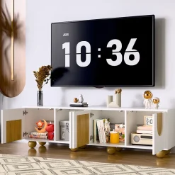 Meuble TV Bas Moderne - 4 Portes et Rangement avec Pieds en Bois - MDF + PB - 175x38x50 cm - Naturel/Blanc