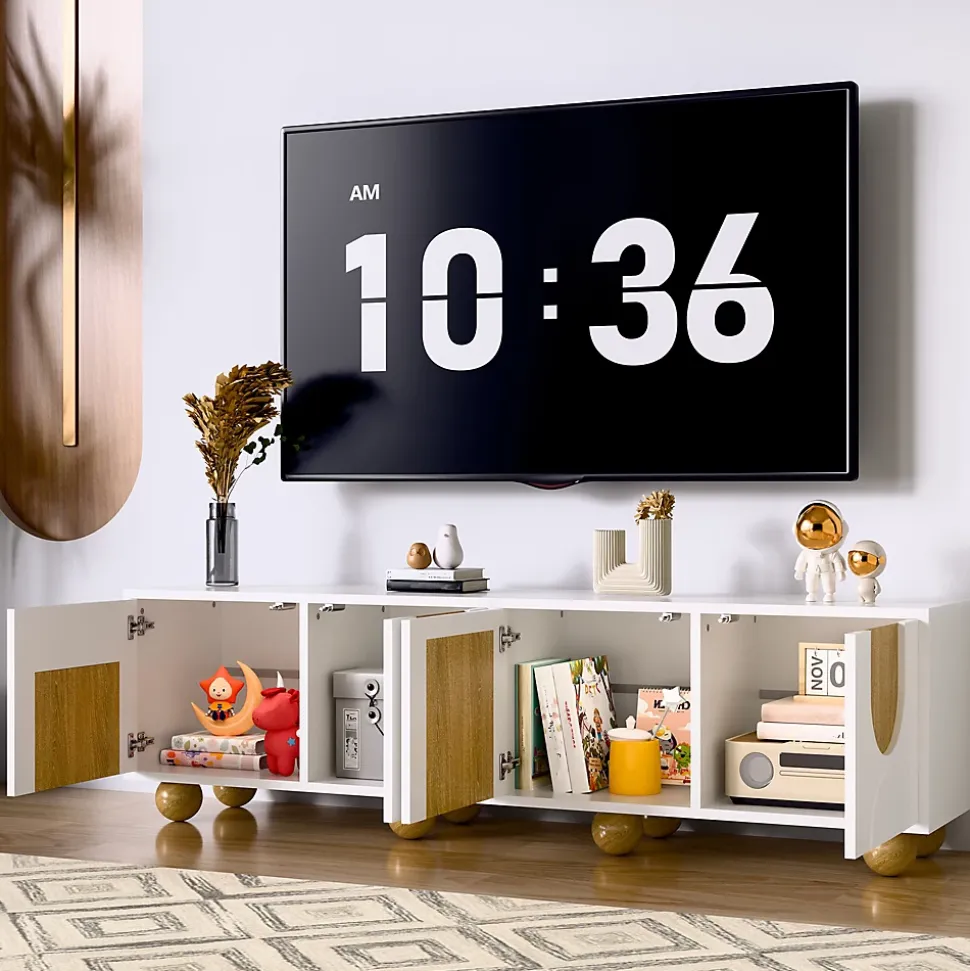 Meuble TV Bas Moderne - 4 Portes et Rangement avec Pieds en Bois - MDF + PB - 175x38x50 cm - Naturel/Blanc