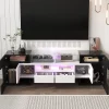 Meuble TV bas, Moderne 145 cm avec LED et Plateau en Verre, Design Multimédia en Aggloméré MDF Verre - 145x30x51 cm, Blanc + Noir