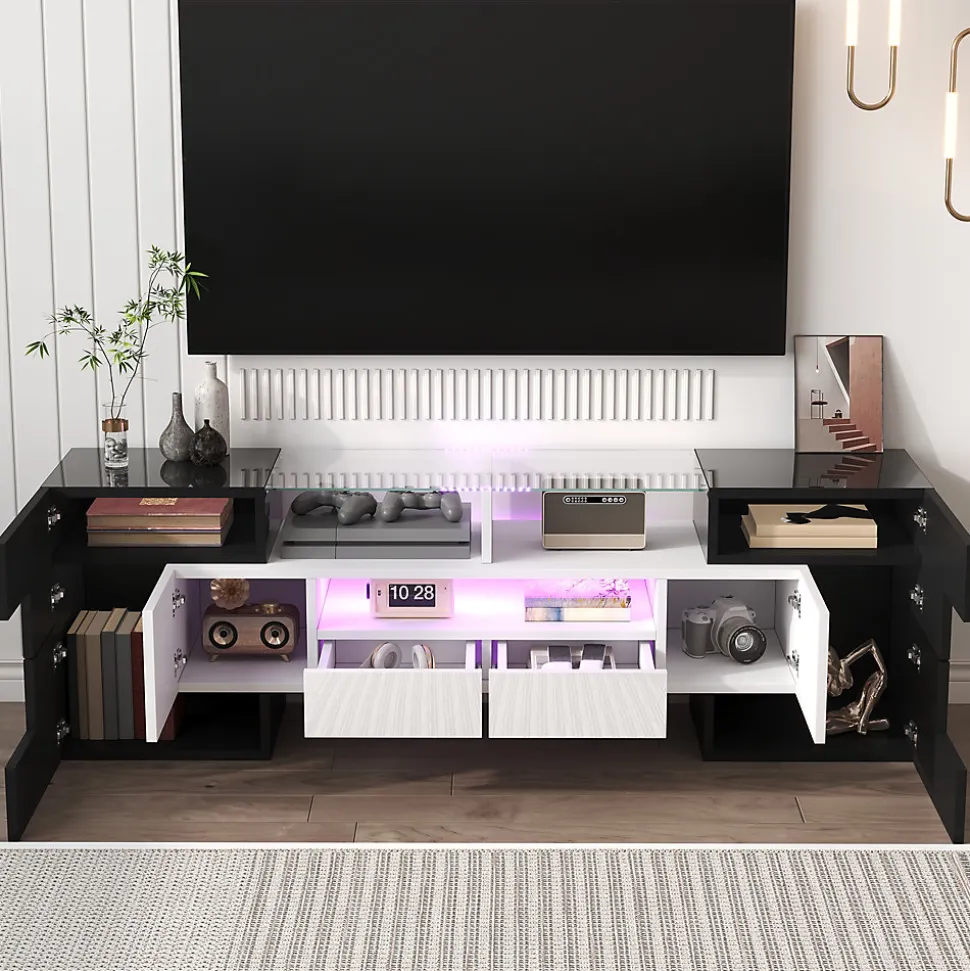 Meuble TV bas, Moderne 145 cm avec LED et Plateau en Verre, Design Multimédia en Aggloméré MDF Verre - 145x30x51 cm, Blanc + Noir