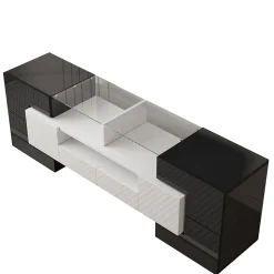 Meuble TV bas, Moderne 145 cm avec LED et Plateau en Verre, Design Multimédia en Aggloméré MDF Verre - 145x30x51 cm, Blanc + Noir