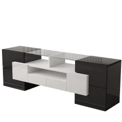Meuble TV bas, Moderne 145 cm avec LED et Plateau en Verre, Design Multimédia en Aggloméré MDF Verre - 145x30x51 cm, Blanc + Noir