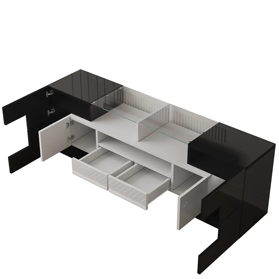 Meuble TV bas, Moderne 145 cm avec LED et Plateau en Verre, Design Multimédia en Aggloméré MDF Verre - 145x30x51 cm, Blanc + Noir