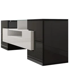 Meuble TV bas, Moderne 145 cm avec LED et Plateau en Verre, Design Multimédia en Aggloméré MDF Verre - 145x30x51 cm, Blanc + Noir