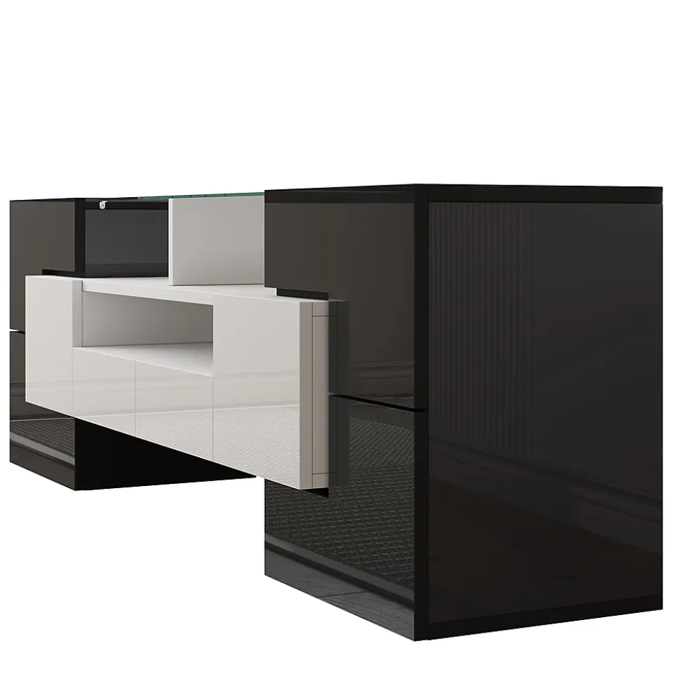 Meuble TV bas, Moderne 145 cm avec LED et Plateau en Verre, Design Multimédia en Aggloméré MDF Verre - 145x30x51 cm, Blanc + Noir