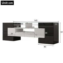Meuble TV bas, Moderne 145 cm avec LED et Plateau en Verre, Design Multimédia en Aggloméré MDF Verre - 145x30x51 cm, Blanc + Noir