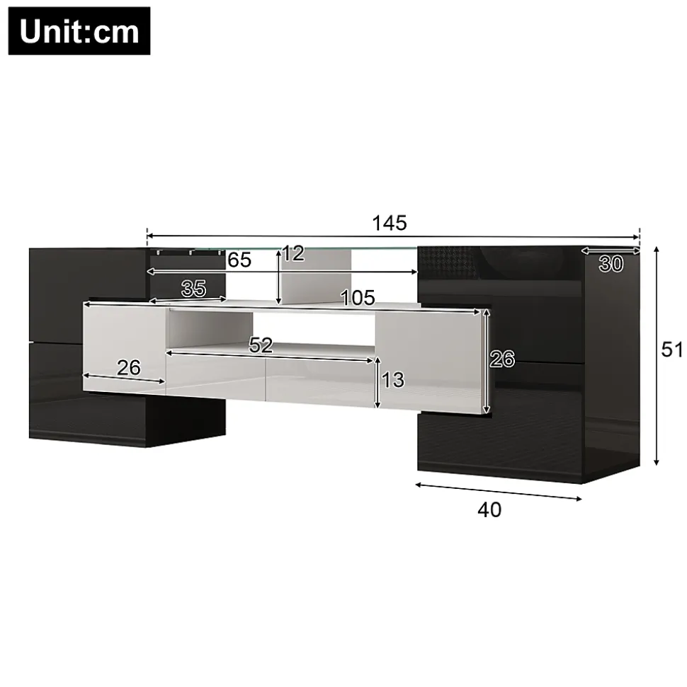 Meuble TV bas, Moderne 145 cm avec LED et Plateau en Verre, Design Multimédia en Aggloméré MDF Verre - 145x30x51 cm, Blanc + Noir