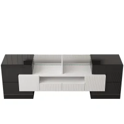 Meuble TV bas, Moderne 145 cm avec LED et Plateau en Verre, Design Multimédia en Aggloméré MDF Verre - 145x30x51 cm, Blanc + Noir