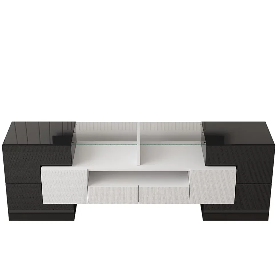 Meuble TV bas, Moderne 145 cm avec LED et Plateau en Verre, Design Multimédia en Aggloméré MDF Verre - 145x30x51 cm, Blanc + Noir