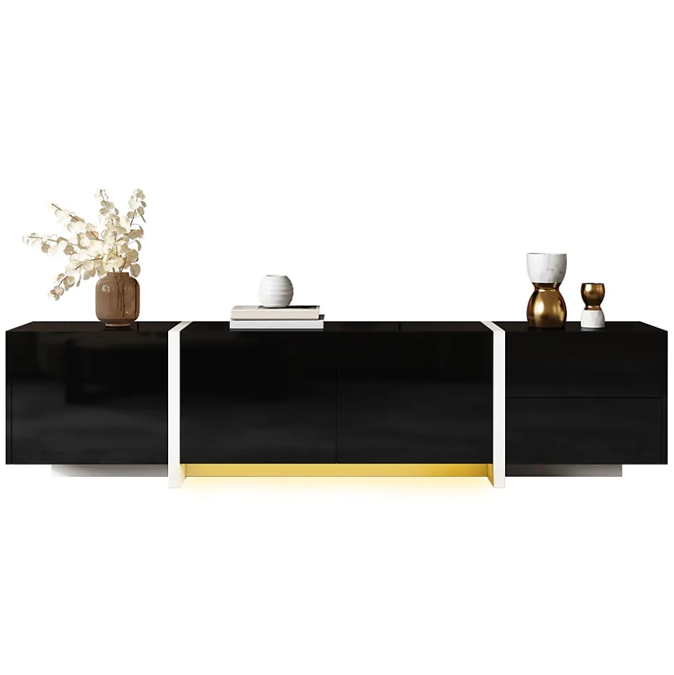 Meuble TV Bas Moderne, LED Intégrée, Portes et Tiroirs - Structure Robuste en Panneau de Particules, 170x30x39 cm, Noir Brillant