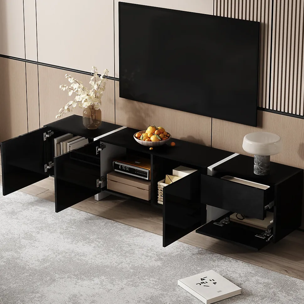 Meuble TV Bas Moderne, LED Intégrée, Portes et Tiroirs - Structure Robuste en Panneau de Particules, 170x30x39 cm, Noir Brillant