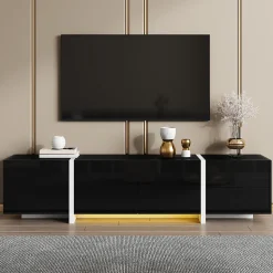 Meuble TV Bas Moderne, LED Intégrée, Portes et Tiroirs - Structure Robuste en Panneau de Particules, 170x30x39 cm, Noir Brillant