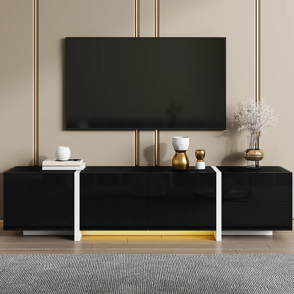 Meuble TV Bas Moderne, LED Intégrée, Portes et Tiroirs - Structure Robuste en Panneau de Particules, 170x30x39 cm, Noir Brillant