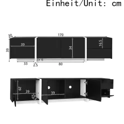 Meuble TV Bas Moderne, LED Intégrée, Portes et Tiroirs - Structure Robuste en Panneau de Particules, 170x30x39 cm, Noir Brillant