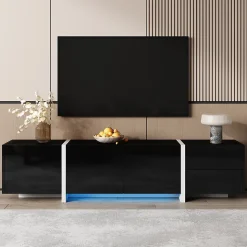 Meuble TV Bas Moderne, LED Intégrée, Portes et Tiroirs - Structure Robuste en Panneau de Particules, 170x30x39 cm, Noir Brillant