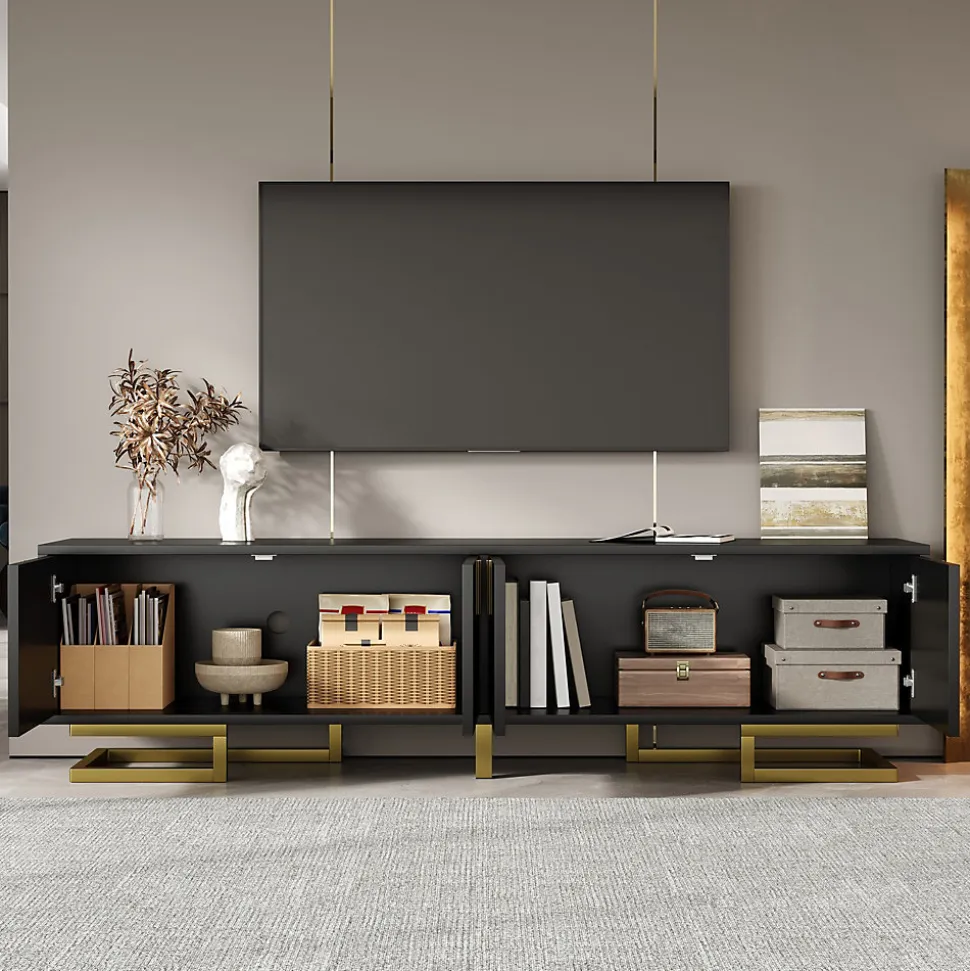 Meuble TV Bas Moderne, Portes Texturées, Poignées et Pieds Dorés Élégants - Panneau de Particules Robuste, 160x38x44,5 cm, Noir