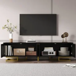 Meuble TV Bas Moderne, Portes Texturées, Poignées et Pieds Dorés Élégants - Panneau de Particules Robuste, 160x38x44,5 cm, Noir