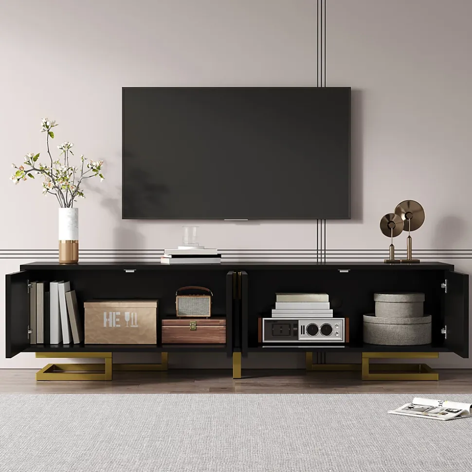 Meuble TV Bas Moderne, Portes Texturées, Poignées et Pieds Dorés Élégants - Panneau de Particules Robuste, 160x38x44,5 cm, Noir