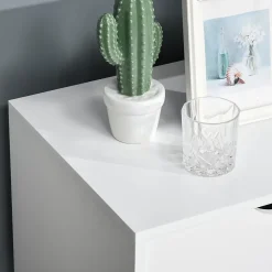 Meuble TV bas sur pied style scandinave 2 portes 2 niches passe-fils panneaux particules MDF blanc bois massif hévéa