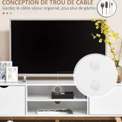 Meuble TV bas sur pied style scandinave 2 portes 2 niches passe-fils panneaux particules MDF blanc bois massif hévéa