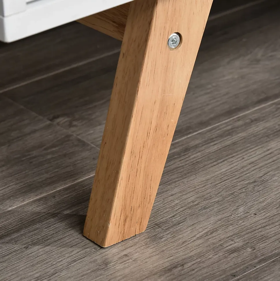 Meuble TV bas sur pied style scandinave 2 portes 2 niches passe-fils panneaux particules MDF blanc bois massif hévéa
