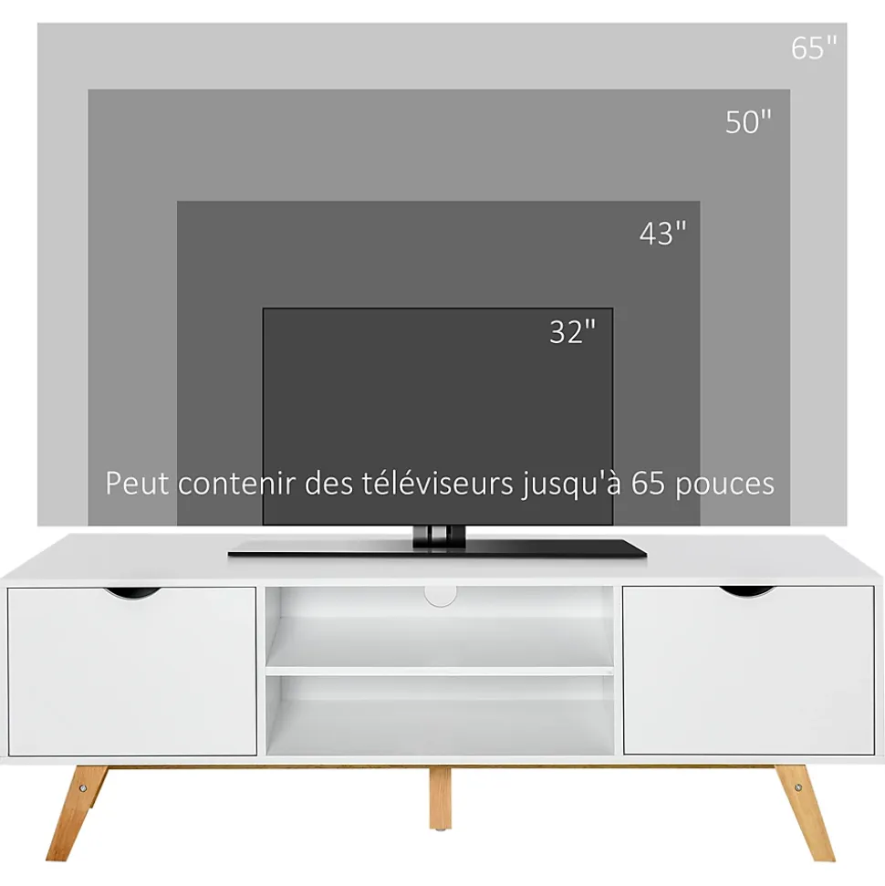 Meuble TV bas sur pied style scandinave 2 portes 2 niches passe-fils panneaux particules MDF blanc bois massif hévéa