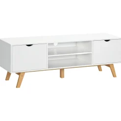 Meuble TV bas sur pied style scandinave 2 portes 2 niches passe-fils panneaux particules MDF blanc bois massif hévéa
