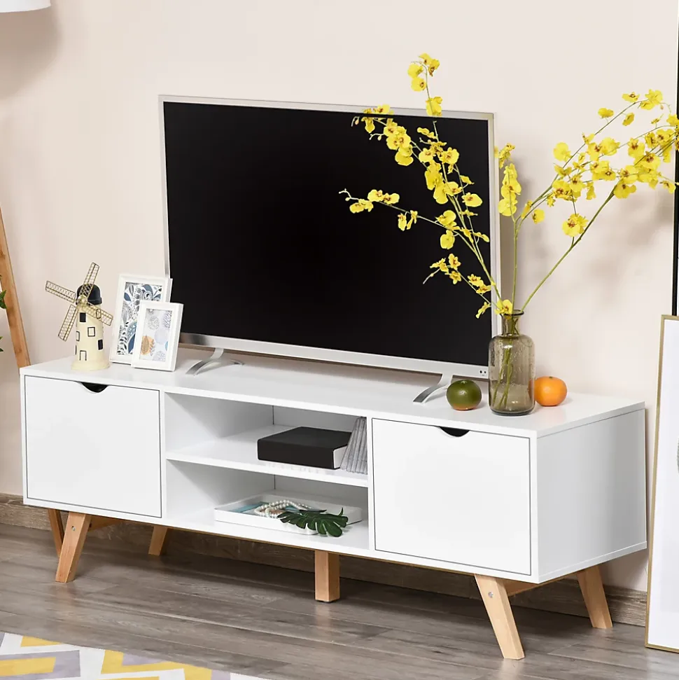 Meuble TV bas sur pied style scandinave 2 portes 2 niches passe-fils panneaux particules MDF blanc bois massif hévéa