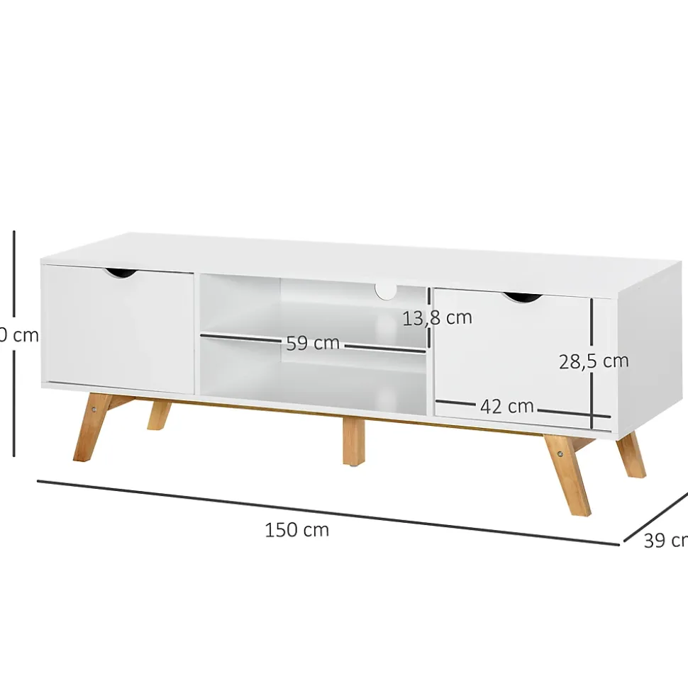 Meuble TV bas sur pied style scandinave 2 portes 2 niches passe-fils panneaux particules MDF blanc bois massif hévéa