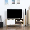 Meuble TV bas sur pied style scandinave 2 portes 2 niches piètement effilé incliné bois panneaux blanc aspect bois
