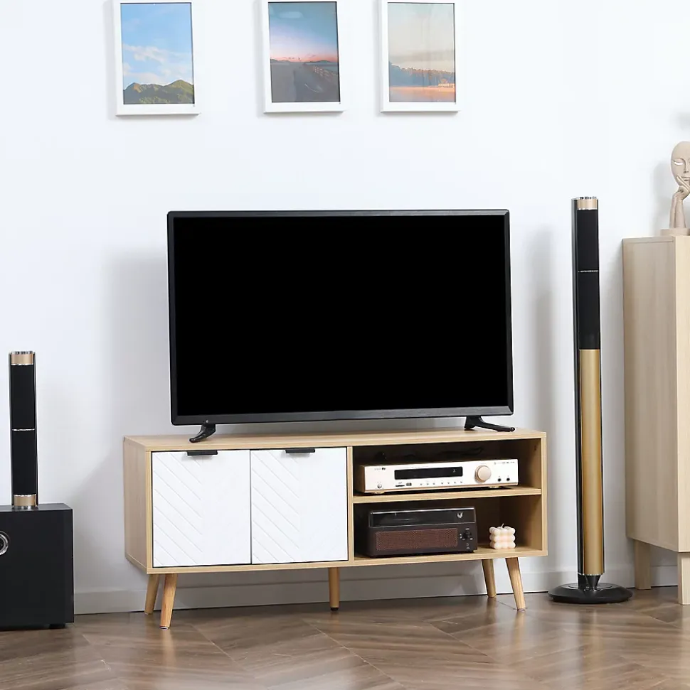 Meuble TV bas sur pied style scandinave 2 portes 2 niches piètement effilé incliné bois panneaux blanc aspect bois