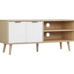 Meuble TV bas sur pied style scandinave 2 portes 2 niches piètement effilé incliné bois panneaux blanc aspect bois