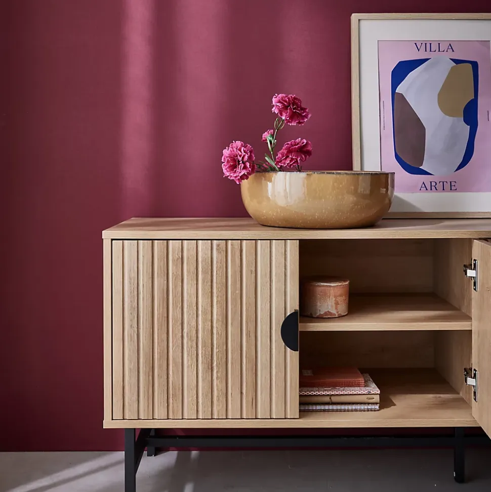 Meuble TV. Bazalt. effet chêne. quatre portes. deux étagères. L 157.5 x l 39 x H 60cm