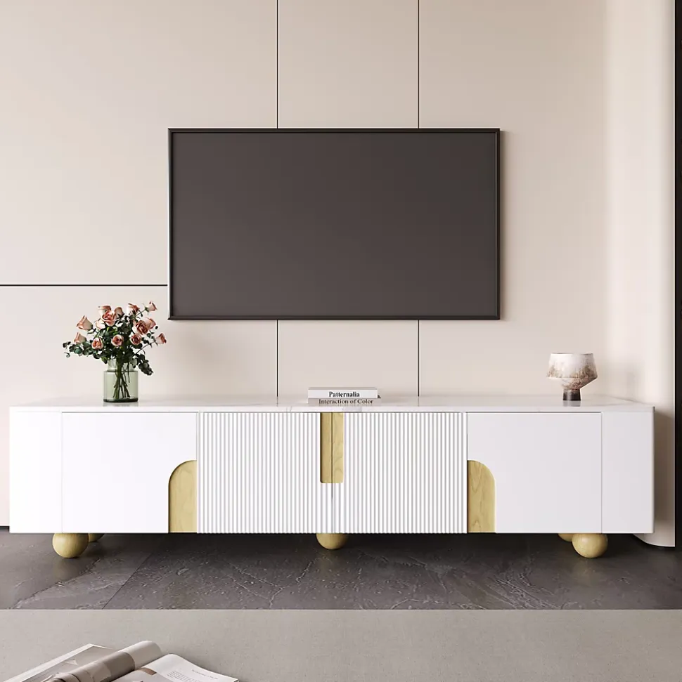Meuble TV blanc 180 cm 4 portes design elegant surface effet marbre pieds bois spheriques parfait interieur moderne