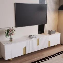 Meuble TV blanc 180 cm 4 portes design elegant surface effet marbre pieds bois spheriques parfait interieur moderne
