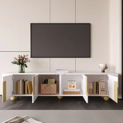 Meuble TV blanc 180 cm 4 portes design elegant surface effet marbre pieds bois spheriques parfait interieur moderne