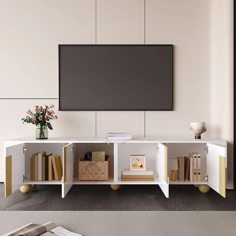 Meuble TV blanc 180 cm 4 portes design elegant surface effet marbre pieds bois spheriques parfait interieur moderne