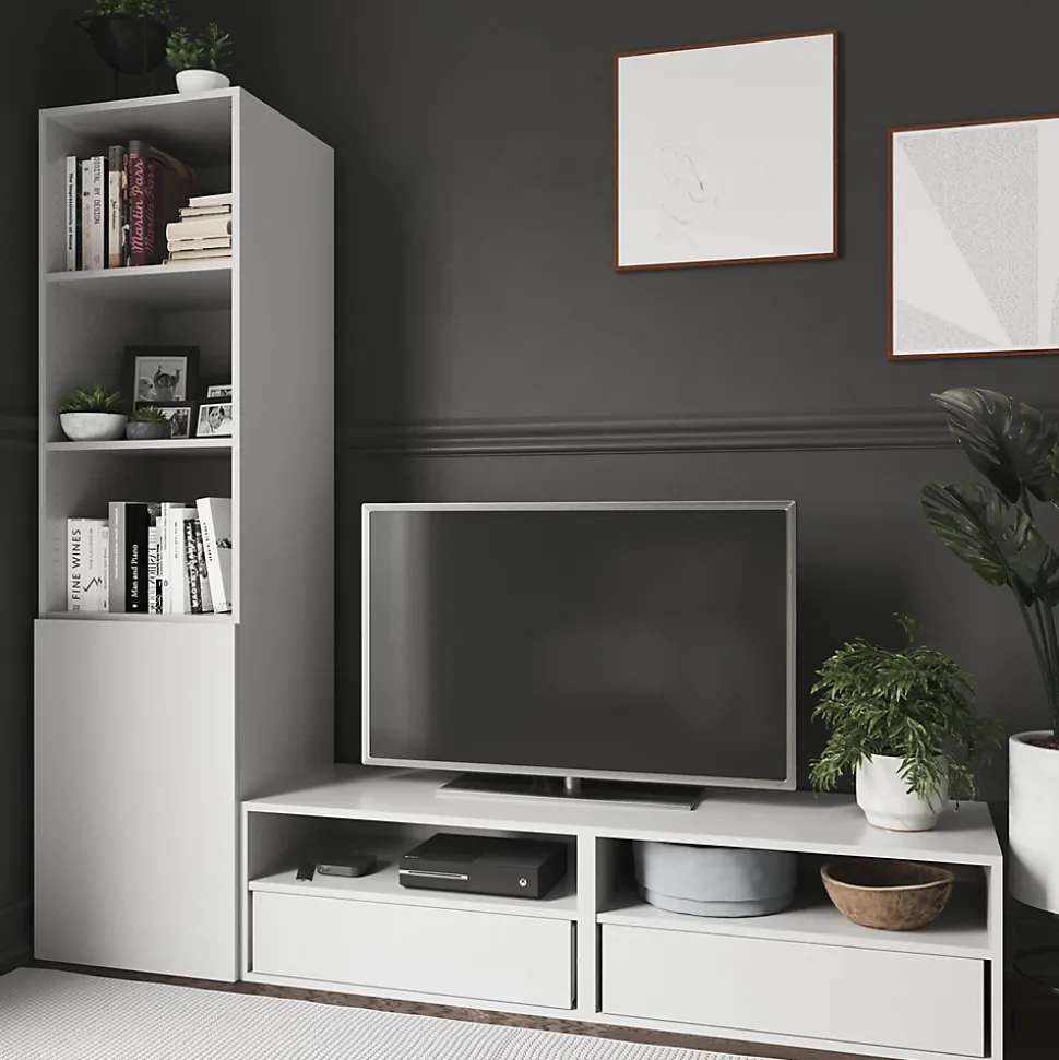 Meuble TV blanc 1 porte 2 tiroirs GoodHome Atomia H. 187,5 x L. 200 x P. 47 cm