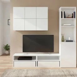 Meuble TV blanc 1 porte et 2 tiroirs avec meuble suspendu GoodHome Atomia H. 187,5 x L. 125 x P. 47 cm