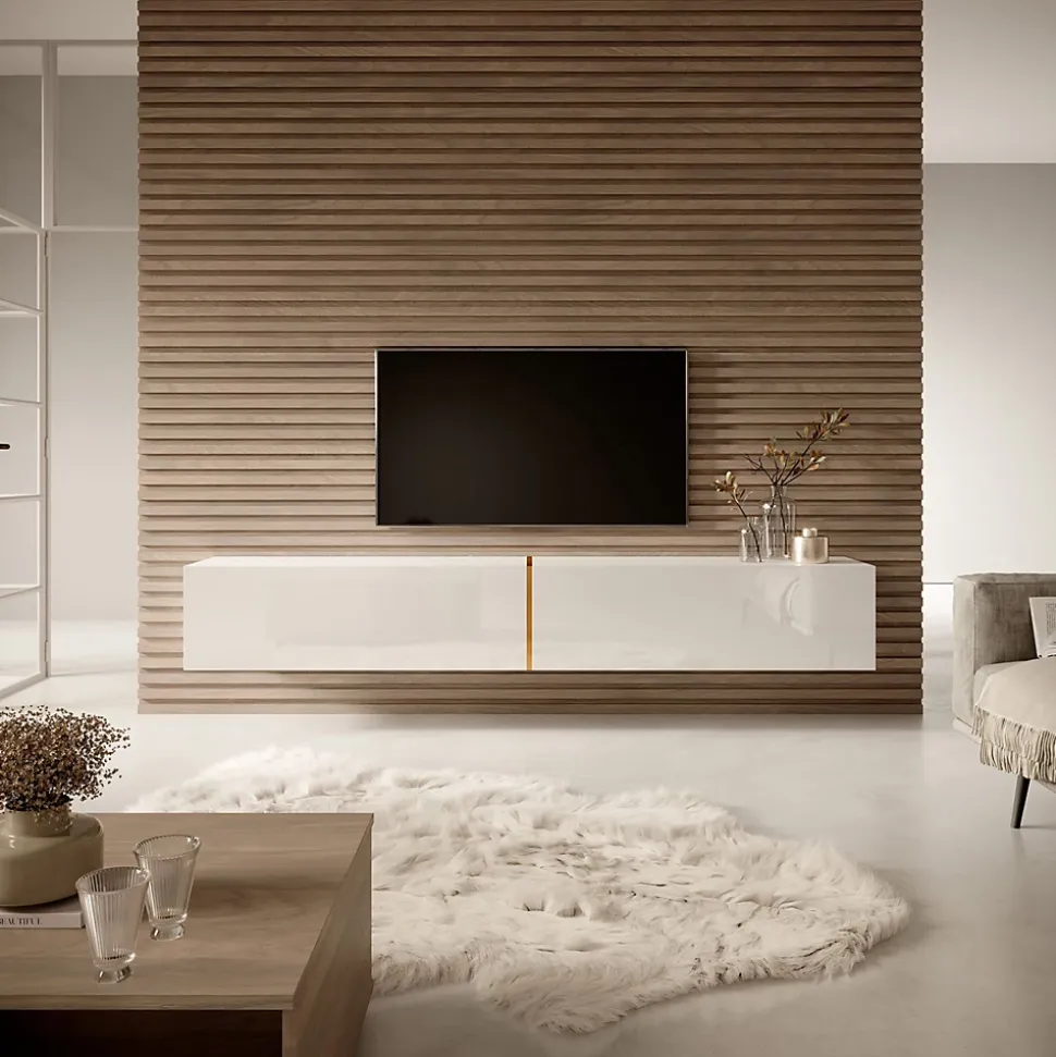 Meuble TV blanc avec détail doré 200 cm BISIRA