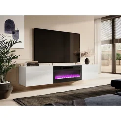 Meuble TV Blanc Brillant 200x37x40 Cm Avec Cheminée Chauffante Intégrée Slika K à Suspendre
