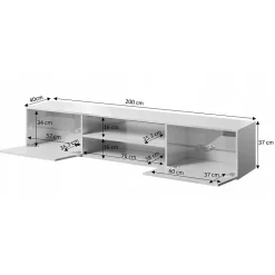 Meuble TV Blanc Brillant 200x37x40 Cm Avec Cheminée Chauffante Intégrée Slika K à Suspendre